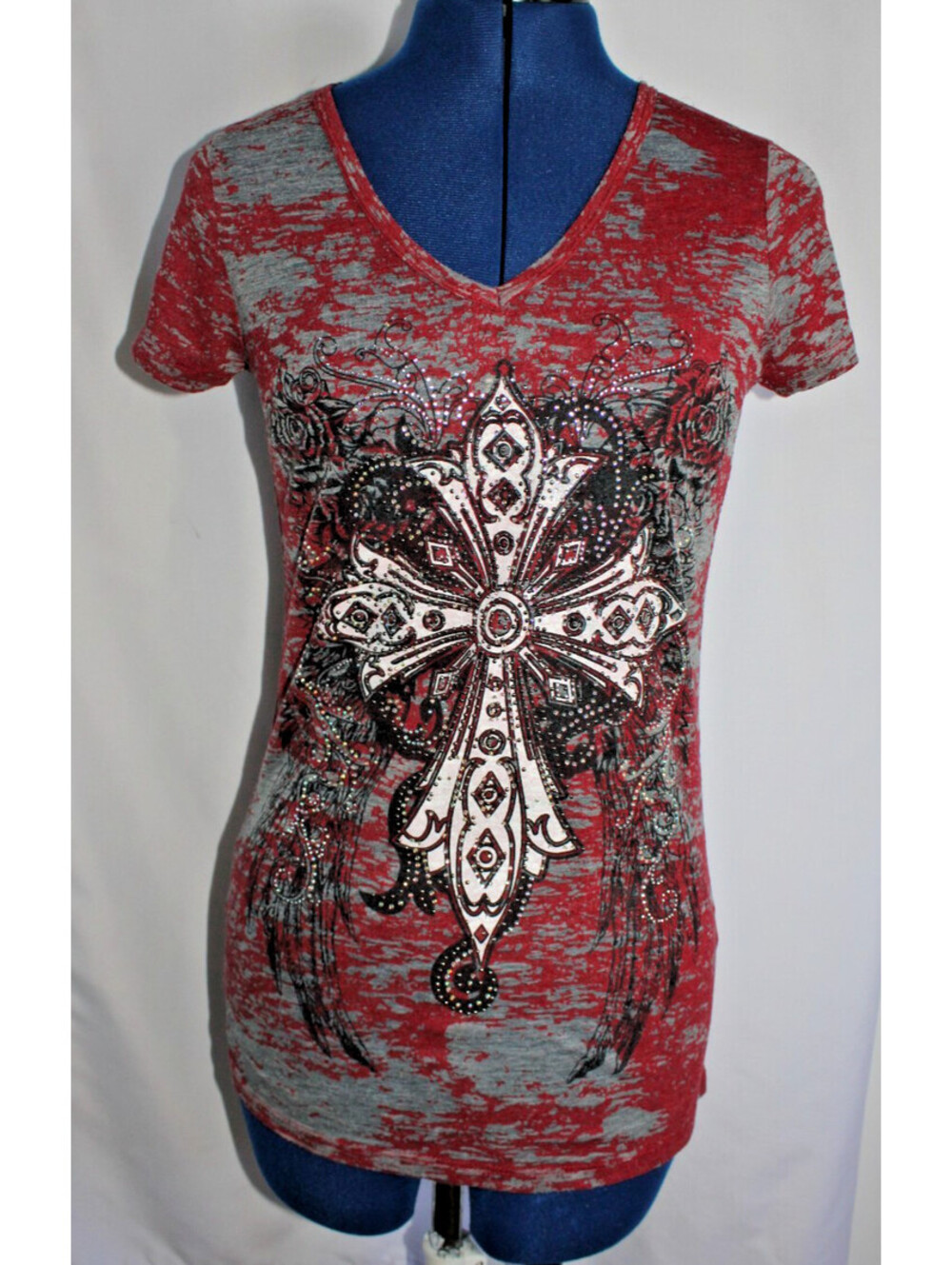 Vtg Vocal Western Rhinestone Cross Red Gray Burnout Tee V-Neck Black Lace Back M
